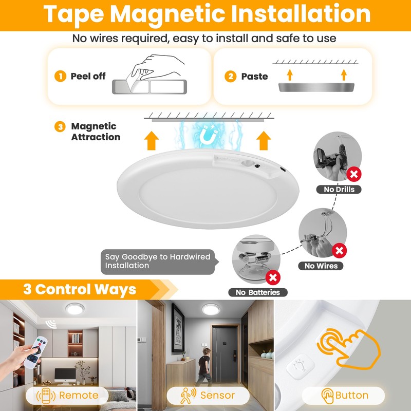 SunRider 2-Pack Rechargeable Motion Sensor LED Ceiling Light with Remote,