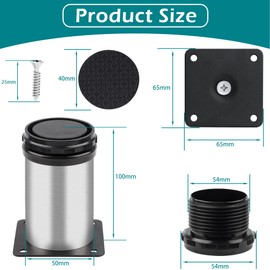 Sandiyago 4 Pcs 100mm Adjustable Legs, Stainless Steel Heavy Duty Metal Furniture Feet with 16 Pcs Screws, Round Adjustable Leg Cabinet Kitchen Table Leg，Furniture Pads Protector