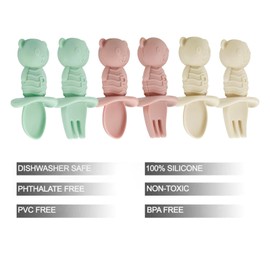 PandaEar 6 Pack Baby Led Weaning Spoons Forks 6+ Months | Silicone Baby Spoons and Fork Self Feeding Utensils, Toddler Infant Anti-Choke Feeding Utensils, Bear Shape (Pink Green Linen)