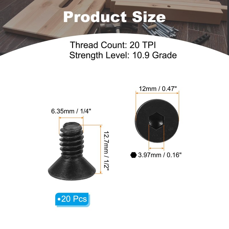 PATIKIL 1/4-20 x 1/2" Flat Head Socket Cap Screws, 20