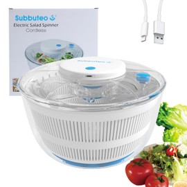 Subbuteo Electric Salad Spinner 4Qt – Rechargeable Lettuce Washer & Vegetable Dryer with 2+ Month Battery Life, Type-C, Detachable Parts, Spin Dry Kitchen Gadget for Greens Herbs Berries