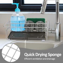 Euqvunn Kitchen Sink Organizer, Sink Caddy Stainless Steel Kitchen Sponge Holder, Drainers for Kitchen Sink, Dishcloth Holder with Removable Drip Tray, Sink Tidy Caddy with Fixed Dishcloth Hanger