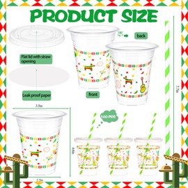 Yoiemivy 100 Pack Mexican Fiesta Party Cups 14 oz Mexican Disposable Cups with Lids and Straws Bulk Cinco De Mayo Party Decoration for Fiesta Taco Birthday Party Supplies
