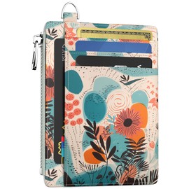 Hancynir Slim Wallet Women Credit Card Holder Abstract Flower Floral RFID Small Mini Card Case Front Pocket PU Leather Thin Travel Zipper Coin Cash ID Window Ladies Female Wallet Gifts