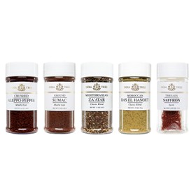India Tree Mediterranean Spice Gift Pack - Aleppo Pepper, Sumac, Za'atar, Ras El Hanout, and Saffron - 7.37 Ounces Total