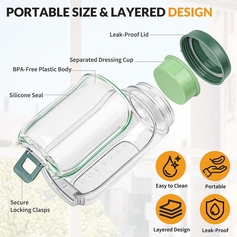 Portable Salad Container with Dressing Cup & Spoon, Mason Jar