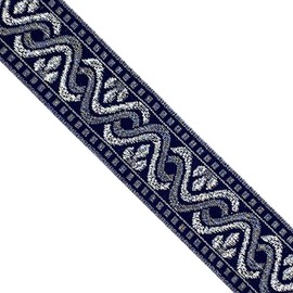 Designers Shop JL 484 Jacquard Metallic Silver Gray Waves Navy Blue Ribbon Trim 1-1/2 inch(38mm) 5 Yards DIY for Sewing Crafting Home Decor Trim, hat Bands, Gift Wrapping