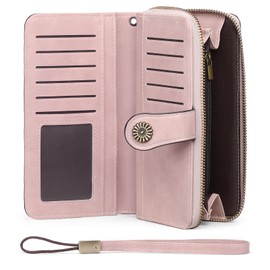 GOIACII Women's RFID Protection Large Vintage Purse for Women with 12 Card Slots, 6 Cash Compartments, Long Multiple Compartments, Removable Hand Strap, lightpink