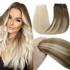 LaaVoo Blonde Clip in Hair Extensions Ombre Human Hair Extensions Brown to Blonde Remy Hair Extensions Clip in Human Hair Double Weft Thick 14 Inch 5pcs/70g