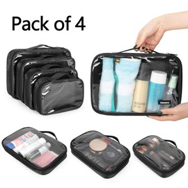 Damero 4pcs Clear Toiletry Bag Packing Cubes, Clear Toiletry Makeup Bag Organizers for Traveling, Business Trip, Black