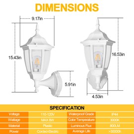 FUDESY Outdoor Wall Light Dusk to Dawn, Porch Sensor Light White Plastic Anti-Corrosion with LED Edison Filament Bulb, Exterior Mount Lantern for House, Garage (2-Pack)
