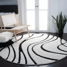 SAFAVIEH Florida Shag Collection 4' Round Ivory / Black SG471 Abstract Wave Non-Shedding Living Room Bedroom Dining Room Entryway Plush 1.2-inch Thick Area Rug