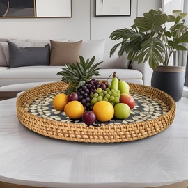 chicapica 16" Large Black Rattan and Mother of Pearl Lazy Susan for Table,Turnable Rotating Decorative Rattan Tray for Table