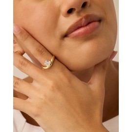 PAVOI 14K Gold Plated Premium Cubic Zirconia Square Solitaire Engagement Ring for Women | Unique Wavy Band Promise Ring | Fake Wedding Ring, 8, White Gold, Cubic Zirconia