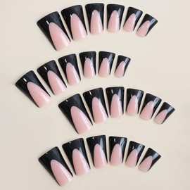 ANDGING Duckbill French Tip Press on Nails Black Short Medium Square Fake Nails with Design Glue on Nails Acrylic False Nails with Glue Manicure Gel Stick on Nail for Wedding Birthday 24Pcs KLD857Q