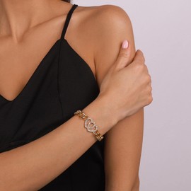Wendalern Punk Cuban Link Bracelet Vintage CZ Heart Bracelet Gold Heart Rhinestone Bracelet Shiny Crystal Love Bracelet Jewellery for Women and Girls