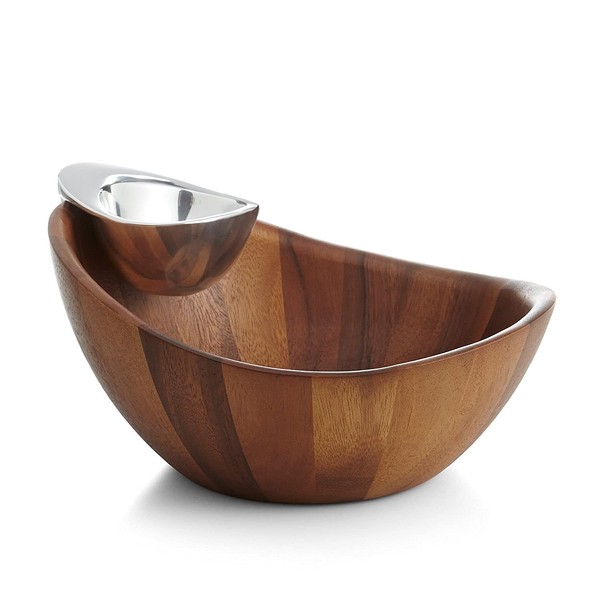 Nambe - Serveware Collection - Harmony Chip and Dip Bowl - Measures at 12" x 6.5" - Made with Acacia Wood and Nambe Alloy - Designed by Wei Young