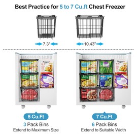 iSPECLE Deep Freezer Organizer Bins - 3 Pack Large Freezer Organizer Bins, Adjustable Width for Expanded Capacity, Fits 5~7 Cu.FT Chest Freezer, Stackable Freezer Basket Holds More Food, Black