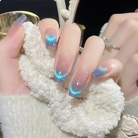 GlamRays 24pcs Blue Press On Nails Square Shape False Nails Ombre Coffin False Nails Velvet Glitter Full Size Glue Nail Shiny Nail French Tip Nails