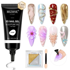 MIZHSE 3D Nail Gel 30G Clear 3D Gel Nail Art 3D Sculpting Gel with Chrome Powder for Nail Art Nail Design Molding Gel for Nails No Wipe Nail Supply U V LED Gel Polish for Nail Art Sculpture Home DIY