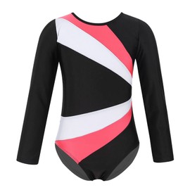 SEAUR - Girls' Long Sleeve Leotard Black Sleeveless Dance Ballet Yoga Clothing Classic Jersey Gymnastics 5-14 Years, Pink-White-Black1