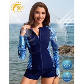 Summer Rash Guard Swimsuit Women UPF 50+ Long Sleeve Shirts Surfing Swimming Tops Lightweight Quick Dry Swimsuits Blue Leaf M