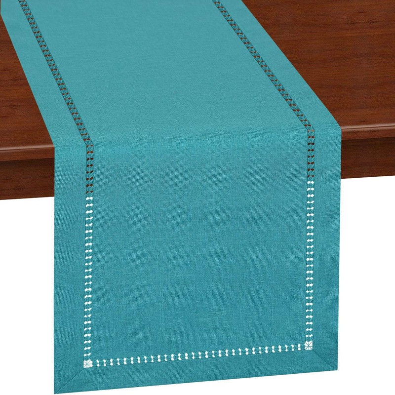 Grelucgo Handmade Hemstitch Teal Table Runner Dresser Scarf, Rectangular 14