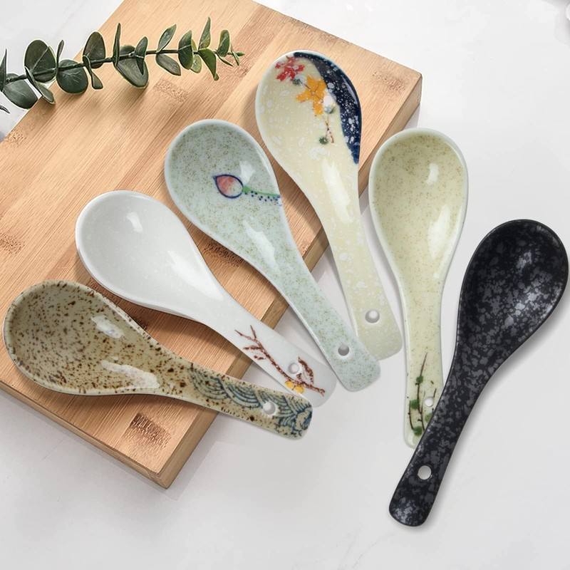 6 Pieces Japanese Retro Ceramics Soup Spoons Asian Soup Spoons