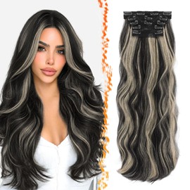 BARSDAR Black Blonde Clip in Hair Extensions, 24 Inch Long Wavy Layered Clip in Hair Extensions for Women 5 PCS Lace Weft Voluminous Easy Wear Synthetic Wavy Black with Blonde Highlight Hairpieces