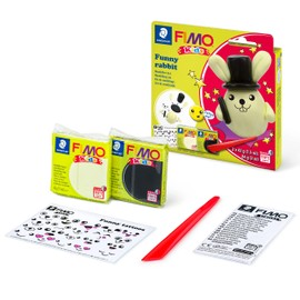 STAEDTLER FIMO Kids Funny Rabbit Modelling Set, Especially for Children - Easy to Implement with Step by Step Instructions (English language not guaranteed), 2 FIMO Kids Blocks, Modelling Stick,