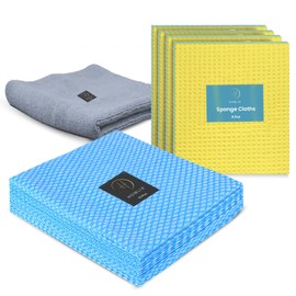 Homlix Ultimate Cleaning Pack: 4 Super Absorbent Sponge Cloths & 10 Disposable Kitchen Cleaning Cloths – All-Purpose Dish Cloths, Professional Grade Microfiber Cloth for Home & Reusable & Durable