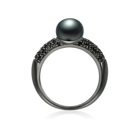 Valero Pearls Women's Pearl Ring Made of Blackened 925 Sterling Silver with Freshwater Cultured Pearl Peacock Blue 8-9 mm Button Shape Zirconia Black, Sterling Silver, Cubic Zirconia