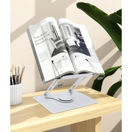 Acrylic Book Stand for Reading, Acrylic Desktop Ricer, Foldable Book Holder with 360° Swivel Base, Cookbook Stand with Elastic Page Clips for Home Office, Laptop, Tablet, Kindle