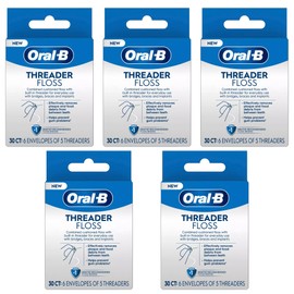 Oral-B Threader Floss 30 Count: 6 Envelopes of 5 Threaders (Pack of 5)