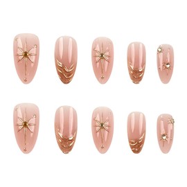 Gold Press on Nails Medium Almond Fake Nails French Tip False Nails Press ons Star 3D Gold Stripe Artificial Acrylic Nails with Rhinestone Glue on Nail for Women Girls Manicure 24Pcs