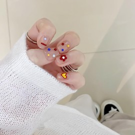 [ALLEVG] Nail Tips 30 Pieces Colorful 30 Pieces with Beads! Cute Short Nails - Girly and Dreamy Design Nail for Spring and Summer, Popular, Japanese Style, Cute, Simple, Stylish, Coming of Age