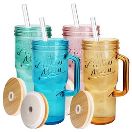 ANOTION 24oz Colored Glass Cups with Lids and Straws with Handle  -Tumbler Coffee Cups Mason Jar Coffee Bar Accessories Springtok  Bamboo Drinkware Bottles:_WITH HANDLE