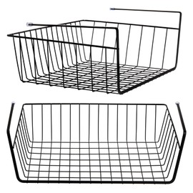 Tebery 2 Pack Black Under Shelf Wire Basket, Hanging Storage Baskets Under Cabinet Add-on Storage Racks, Slide-in Baskets Organizer for Kitchen Pantry Desk Bookshelf