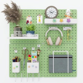 Soubeoii Metal Pegboard Combination Kit — 4 Carbon Steel Pegboards with 26 Accessories, Pegboard Wall Organizer for Home, Office, Study Room, Kitchen, Garage & Craft Room — 24″ × 24″ Green Peg Board