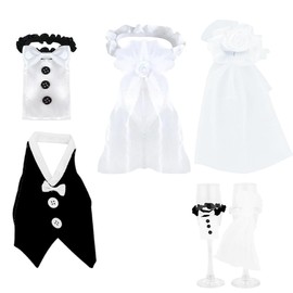 YAFLUG Set of 4 Beautiful Wedding Decoration Wine Bottles Decoration Set for Bride and Groom with Wedding Dress and Wedding Suit, Table Decoration Set for Wedding Party