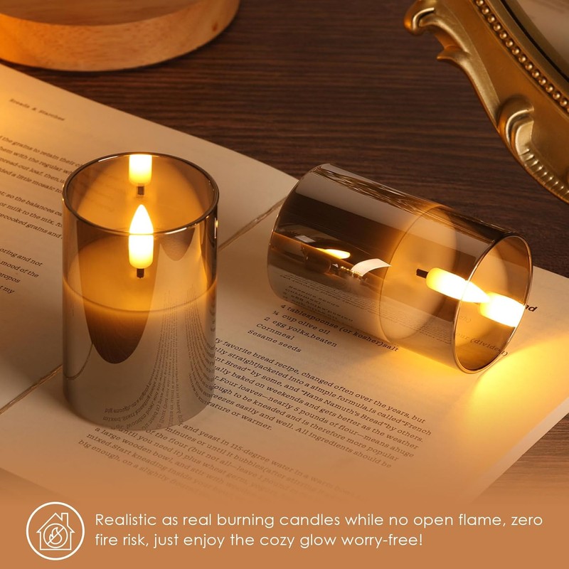 Grey Glass Flameless Votive Candles with Remote Timer, Real Wax