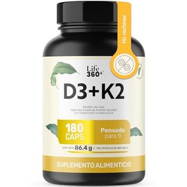LIFE 360+ Vitamina K2 y D3 400 UI | 180 Cápsulas | Sin Azúcar Añadida ni Colorantes | Cápsulas de Gelatina a Base de Almidón de Maíz con Vitamina K2 y Vitamina D3 | Suplementos Alimenticios