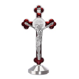 2Pcs 3 Inch Alloy Enamel Saint Benedict Standing Crucifix Luminous Glow in The Dark Crucifix Wall Cross with Sticker on bottom to stick on Table Top,Car or Home Alter