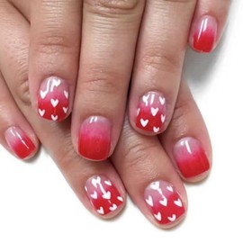 Ombre Red Press on Nails Short Square Fake Nails with White Heart Designs Gradient Pink Glue on Nails Glossy Reusable Valentines False Nails Heart Nails for Women Girls Manicure 24pcs