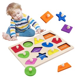 Montessori Toy Wooden Shape Peg Puzzles Montessori Baby Puzzle Geometric Shape Puzzle with Board Knob Preschool Wooden Puzzles for Toddlers 1-3 Year Old