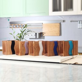 LAVAUK Acacia wood & Transparent Epoxy resin Napkin holder for table, Rustic farmhouse napkin organisation for kitchen, dining, counter tops, restaurant or outdoors | 6x5x2.5 inches|(Cloudy White)