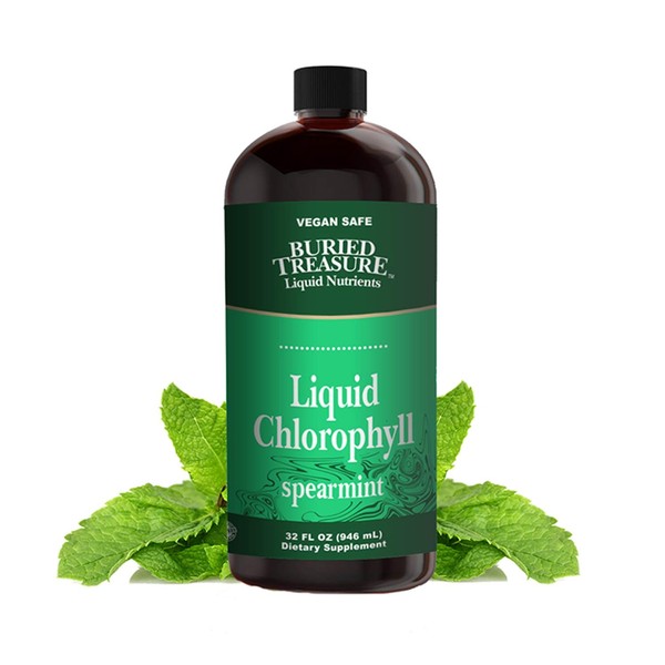 Buried Treasure Liquid Chlorophyll 100 mg, 32oz Spearmint Flavor Dietary Supplement, Intestinal Digestive Support Natural Body Deodorant Vegan Non-GMO Alcohol Free