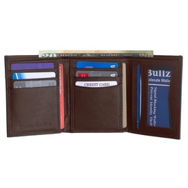 Cowhide Leather Trifold Mens Wallet 6 Credit Card Slots and ID Window (Brown)