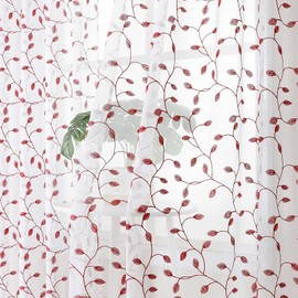 Tollpiz Leaves Sheer Curtain Burgundy Red Leaf Embroidery Living Room Curtains Rod Pocket Voile Faux Linen Embroidered Leaves Curtain for Bedroom, 54 x 95 inches Long, Set of 2 Panels
