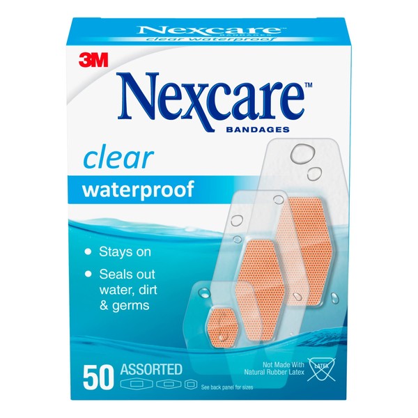 Nexcare Waterproof Clear Bandages Assorted Sizes, 50 Bandages